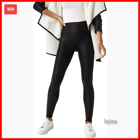 Pants - Faux Leather Fleece Lined Leggings Tummy Control High Waist Shapewear